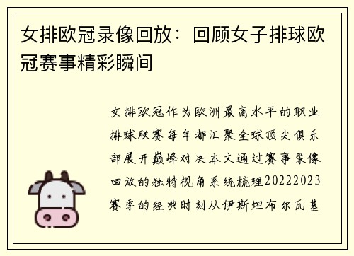 女排欧冠录像回放：回顾女子排球欧冠赛事精彩瞬间