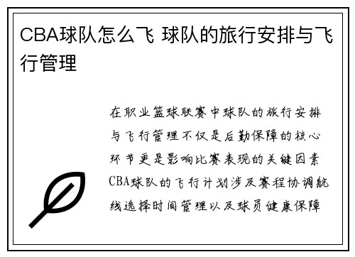 CBA球队怎么飞 球队的旅行安排与飞行管理