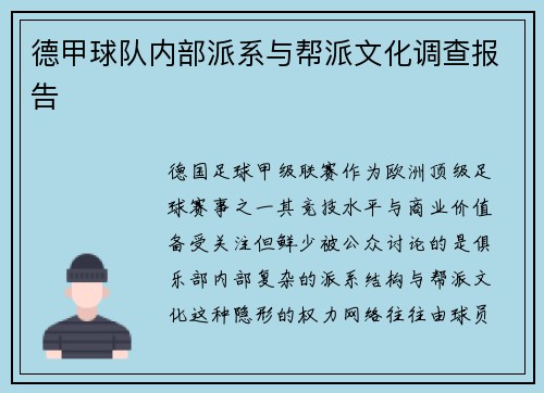 德甲球队内部派系与帮派文化调查报告