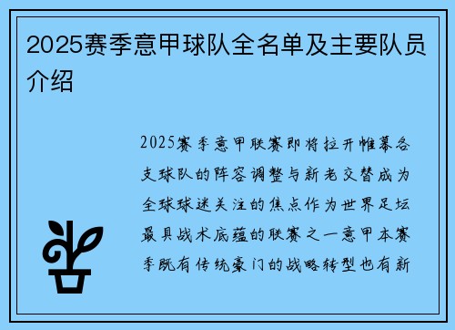 2025赛季意甲球队全名单及主要队员介绍